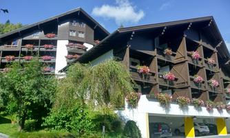 A beautiful wooden building with balconies decorated with flowers. The building is situated in a green environment under a clear sky.