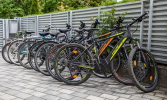 A group of bicycles is neatly standing against a wall. The bikes are parked on a paved area.
