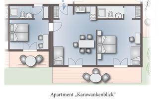 A schematic representation of an apartment with two bedrooms, a living room, and a kitchen. The floor plan also shows a terrace with seating.