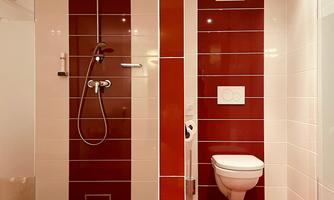 A modern bathroom with red accents. It includes a shower and a toilet separated by glass walls.