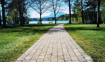 A paved path leads through a green park with scattered trees. In the background, water and mountains are visible under a clear blue sky.