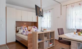 A modern room featuring a double bed, central furniture, and a television. Large windows provide plenty of daylight and a welcoming atmosphere.