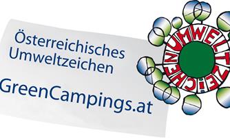 An eco-friendly logo with the inscription "Austrian Environmental Label" and the website "GreenCampings.at". It symbolizes sustainable camping in Austria.