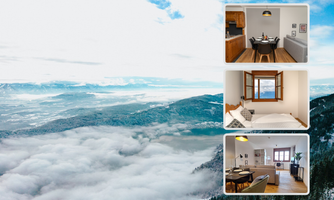 An impressive mountain landscape with clouds covering the valley. The small images show cozy interiors with a modern and inviting atmosphere.