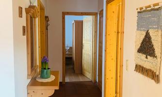 A bright hallway with wood paneling and a patterned carpet. Mirrors and a decorative wall mural hang on the wall.