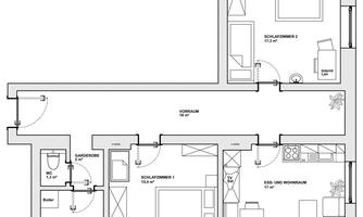 A simple floor plan drawing of an apartment. The rooms include two bedrooms, a dining and living area, and a bathroom.