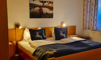 A cozy bedroom with a double bed and decorative pillows. A picture of a natural landscape hangs on the wall.