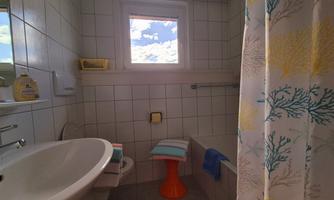 A bright bathroom with a sink and an oval bathtub. On the windowsill is a frosted glass bottle and the shower curtain has a maritime pattern.