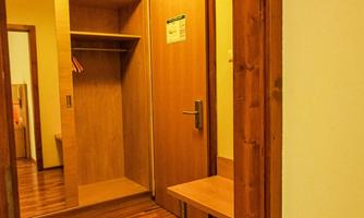 A simple entrance area with wooden flooring and a wardrobe. A lamp hangs on the wall and a door leads to the next room.