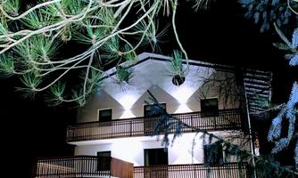 A modern building at night, illuminated by lights. Surrounded by tall trees, it exudes a calm atmosphere.