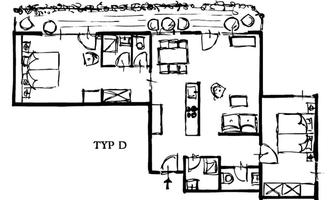 A floor plan of a house with several rooms, including a bedroom, a living room, and a kitchen. The sketch shows the arrangement of furniture and rooms.