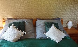 A cozy bedroom with a double bed and decorative cushions. In the background, a stylish wallpaper can be seen.
