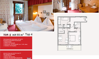A bright bedroom with two beds and a cozy living room. To the right is the floor plan of the apartment.