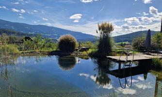 A tranquil nature pond surrounded by lush greenery and mountains in the background. The clouds are reflected in the water, creating a peaceful atmosphere.