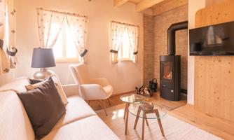A cozy living room with a light beige sofa and a modern fireplace. Generous windows let in plenty of daylight.