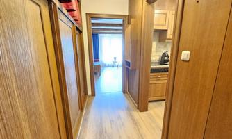 A bright hallway with wooden walls and a view of a kitchen. The light streams through a window at the end of the hallway.