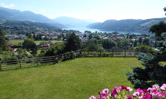 A beautiful view of the lake with mountains in the background. In the foreground, colorful flowers and green grass are blooming.