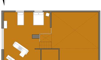 A floor plan sketch of a room with two bedrooms and a large living area. The furnishings are simple and modern, featuring a sofa and a small table.