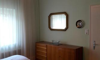 A cozy bedroom with two beds and bright pillows. A mirror hangs on the wall and a stylish lamp provides light.