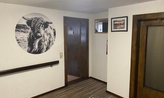 A cozy hallway with wooden floors and a round wall decoration of a Highland cow. There are more pictures hanging on the wall, and there is a door to another room.