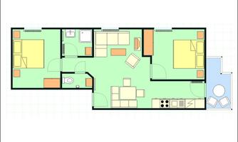 A simple floor plan drawing of an apartment. The rooms include two bedrooms, a bathroom, a kitchen, and a living room.