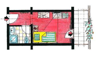 A simple floor plan diagram of a room. It shows different areas such as a bathroom, a living area, and an entrance.