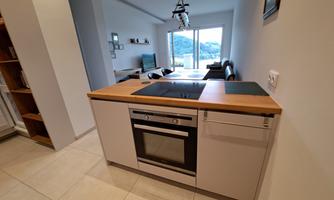 A modern kitchen with light walls and a wooden workspace. In the background, you can see a living room with large windows and a view of the landscape.