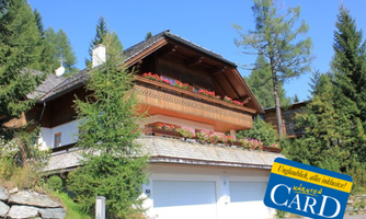 A traditional wooden house with a balcony full of flowers. Surrounded by trees and mountains, it exudes an inviting atmosphere.