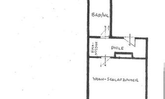 A simple floor plan sketch of an apartment. It shows the arrangement of the bathroom, hallway, living room, and balcony.