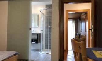 A cozy room with a view of a bathroom with a shower cabin. On the left side is a bed and to the right a hallway leads to another room.
