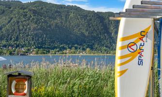 A colorful surfboard stands by the shore of a clear lake, surrounded by tall grasses. In the background, there are gentle hills and a blue sky.