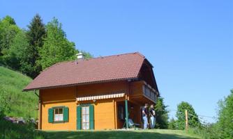 A charming wooden house on a green meadow, surrounded by trees. The sky is clear and sunny, ideal for a relaxing day outdoors.