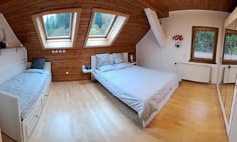 A cozy room with two beds and a wooden ceiling. Large windows bring in plenty of light and provide a view of the greenery.