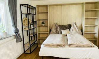 A modern bedroom with a foldable bed and light wood shelves. Cozy cushions and an elegant black shelving wall can be seen.