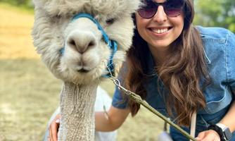 A person is smiling next to a white alpaca. Both are standing in a rural setting.