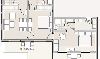 A floor plan drawing of an apartment with two bedrooms, a living room, and a kitchen. There are two balconies facing south.