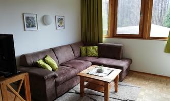 A cozy living room with a brown couch and a wooden table. Large windows provide plenty of daylight and a view of the greenery.