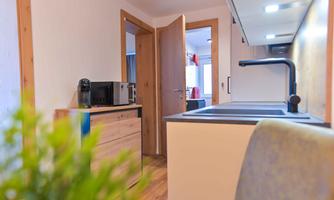 A modern kitchen unit with wooden shelves and appliances. The walls are bright, and there is a view of another room.