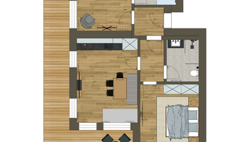 A modern apartment drawing with two bedrooms, a living room, and an open kitchen. The floor has a wood look, and there is a dining area.