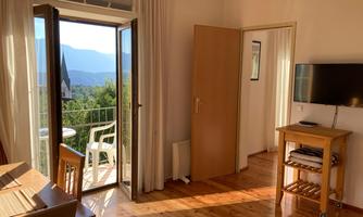 A cozy room with wooden flooring and a large window front. You can see a balcony with a view of the mountains.
