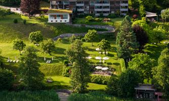 A green garden landscape with trees and lounge chairs. In the background, there is a modern building.