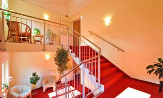 A bright staircase with a red carpet and plants. In the corner, there are chairs and a table, creating an inviting atmosphere.