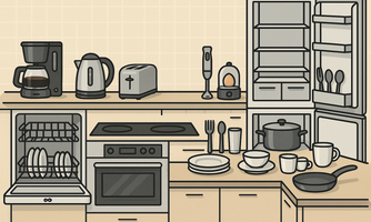 A modern kitchen with various appliances such as a coffee maker, a kettle, and a toaster. On the countertop, dishes and cooking utensils are neatly arranged.