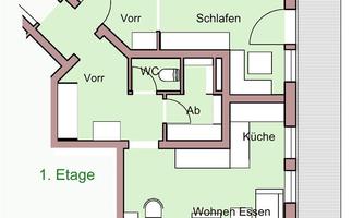 A floor plan drawing of an apartment with various rooms. The layout includes a bedroom, living room, kitchen, and two bathrooms.