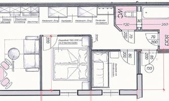 A layout of a living space with living room, bedroom, kitchen, and bathroom. The dimensions of the rooms are specified.