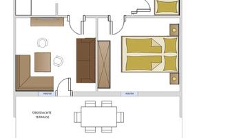 A floor plan drawing of a family apartment with various rooms and furniture arrangements. The image shows the layout of the kitchen, living area, and bedrooms.