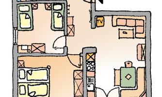 A simple floor plan drawing of an apartment with various rooms. The areas include a bedroom, living room, and a terrace.