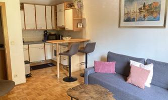 A cozy apartment with a modern kitchen and a living room corner. The space is bright and inviting, with a sofa and a dining table.