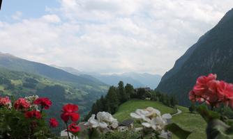 A picturesque mountain landscape with blooming flowers in the foreground. In the background, green hills and majestic mountains rise under a cloudy sky.