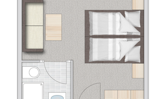 A simple room layout with two beds, a sofa, and a bathroom. The room is designed to be modern and bright.